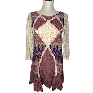 Umgee Crochet Lace Dress Printed Shift Boho Hippie Keyhole Size Small